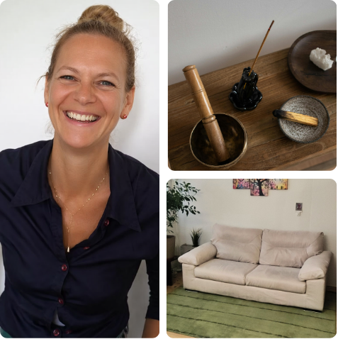 Sophrologue souriante dans son cabinet avec espace de relaxation à Charenton-le-Pont