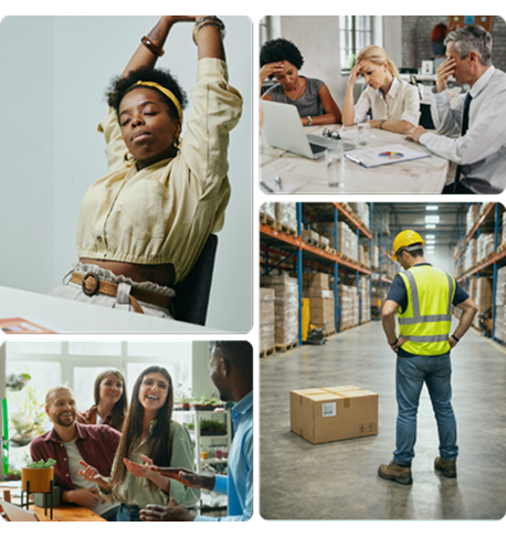 Collage de collaborateurs en entreprise participant à des activités de bien-être et de détente dans différents environnements de travail